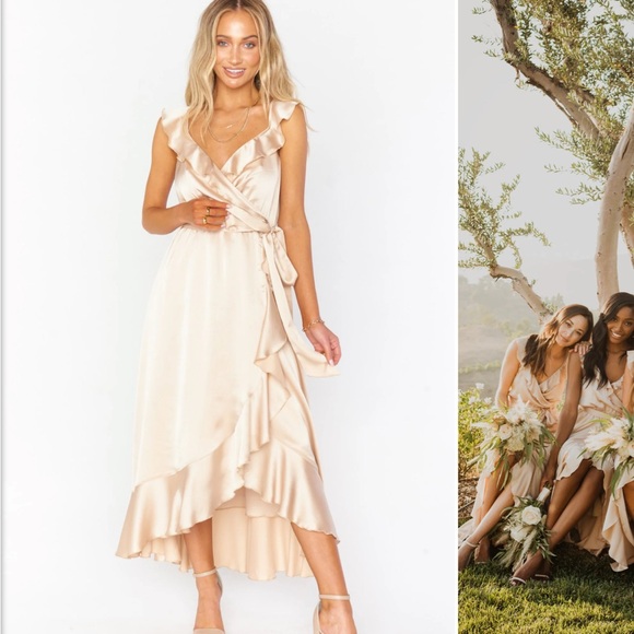 Show me your mumu Samantha ruffle wrap dress in champagne luxe satin - Picture 6 of 6